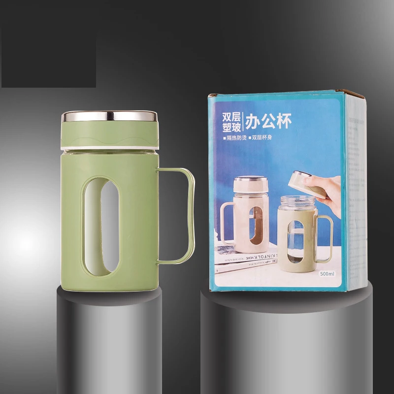 custom logo promotional glass cups office glass water bottle with plastic sleeve