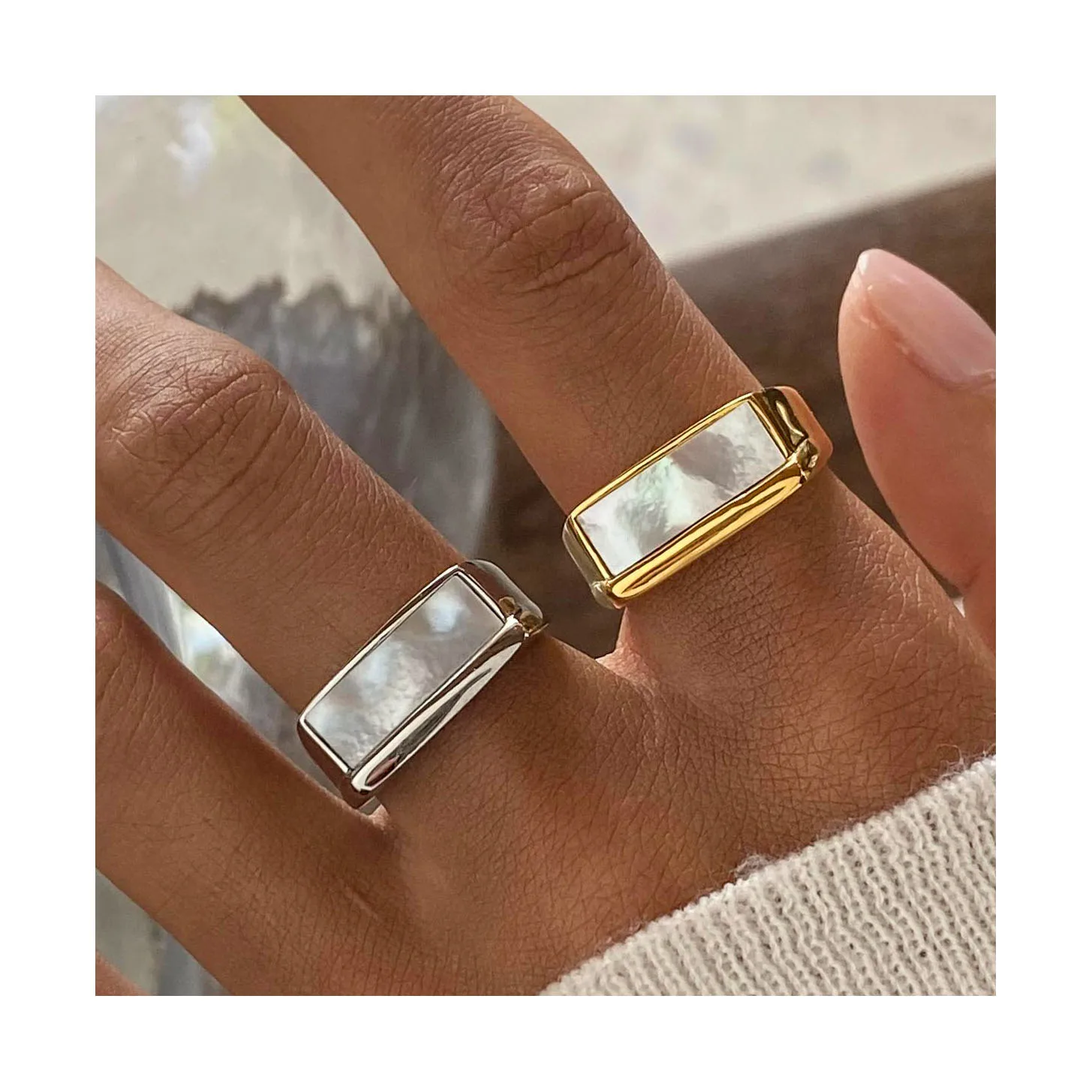 ERESI High End 18K Gold Plated Stainless Steel Rectangle Shell Statement Stamp Rings for Women Finger Ring Wholesale Jewelry
