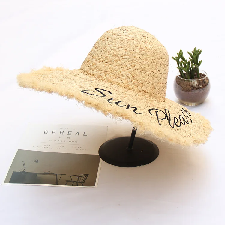 high quality raffia straw custom embroidered summer hats frayed edge ladies women beach hat