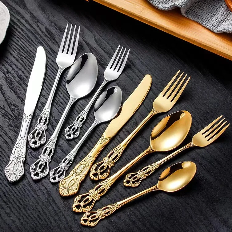 Fast Delivery Royal Court Antique Handle Stainless Steel Luxury Golden Cutlery Flatware Set For Wedding