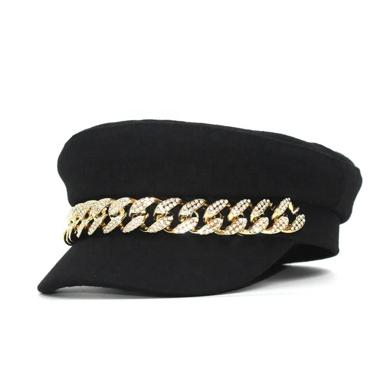Новая Толстая Военная шапка с цепочкой британский стиль ретро Дизайнерская темно-синяя шляпа оптовая продажа Корейская плоская шляпа со стразами Модный берет
