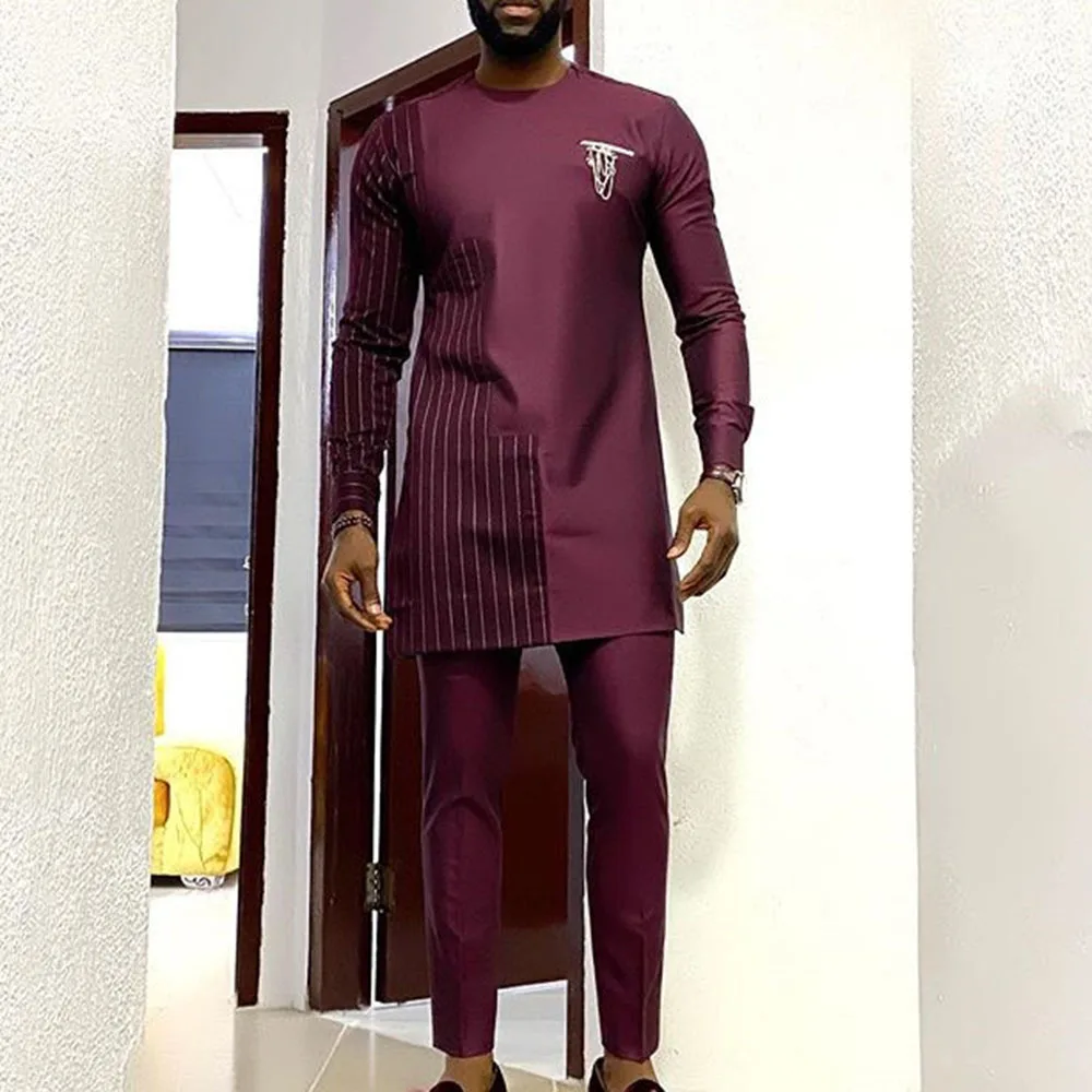 M-4XL  Deep red round neck long sleeved top casual pants set African ethnic style robe, shirt, and pants set
