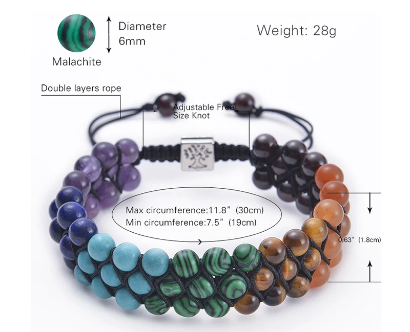High Quality Seven Chakra Natural 6mm Small Beads Healing Crystal Malachite Stone Beaded Life Of Tree Woven Bracelet Jewelry