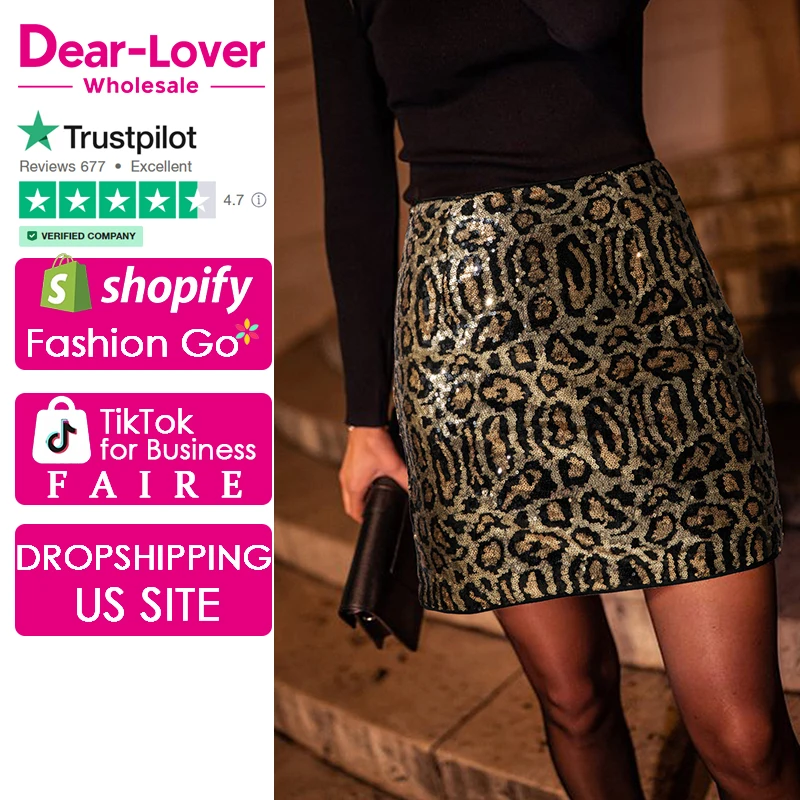 Dear-Lover Western Ladies Sequined Leopard Print Disco Mini Womens Skirts