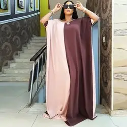 2022 fashion free size two tone maxi dress  women muslim dress short sleeve kaftan style loose robes islamic clothing