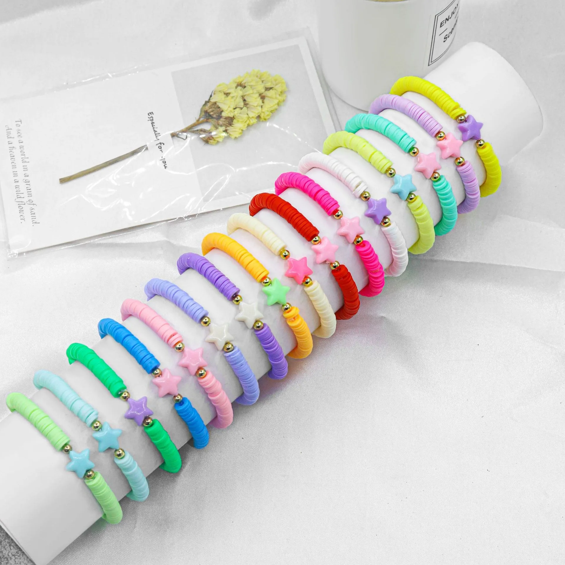 Boho Bracelet Rainbow Polymer Clay Beads Bracelet Star Beaded Bracelet Polymer Clay Stackable Charm for Women Girls Teens