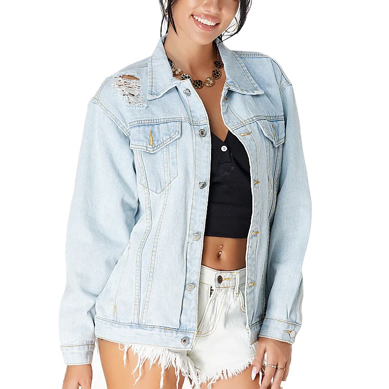
Fashion Casual Blue Long Denim Jaket Women Ripped Jean Jacket 