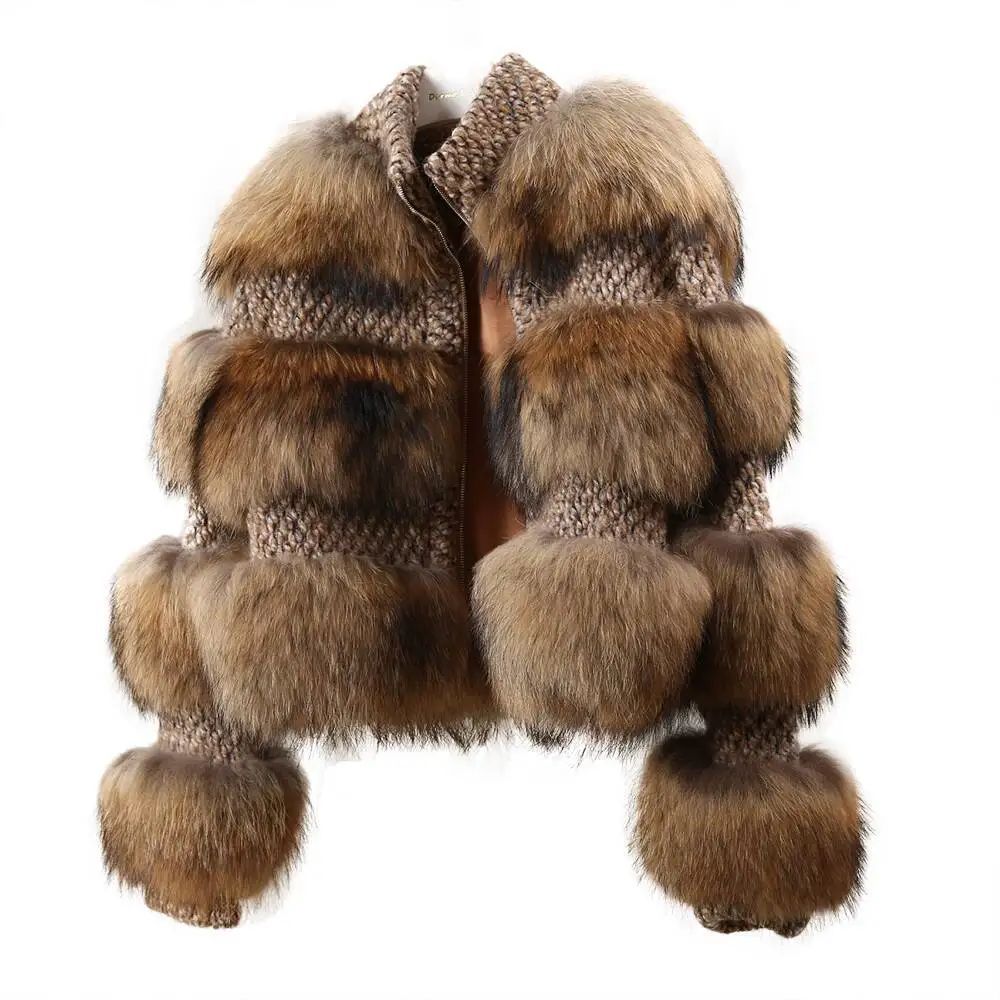 Black Blue White Natural Brown Cropped Racoon Top Fur Coat Shaggy Genuine Raccoon Fur Jacket For Sale Cheap