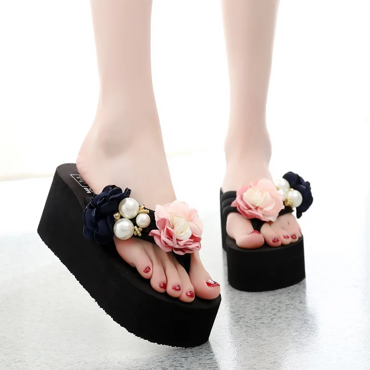 eva beach fashion summer platform black 6CM flip flops wedge heel floral diamond chunky ladies sandal sole wedge shoes