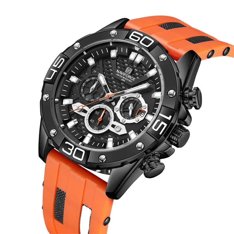 Часы NAVIFORCE 8019T мужские с силиконовым ремешком водонепроницаемые спортивные кварцевые наручные часы шестью стрелками и хронографом роскошные