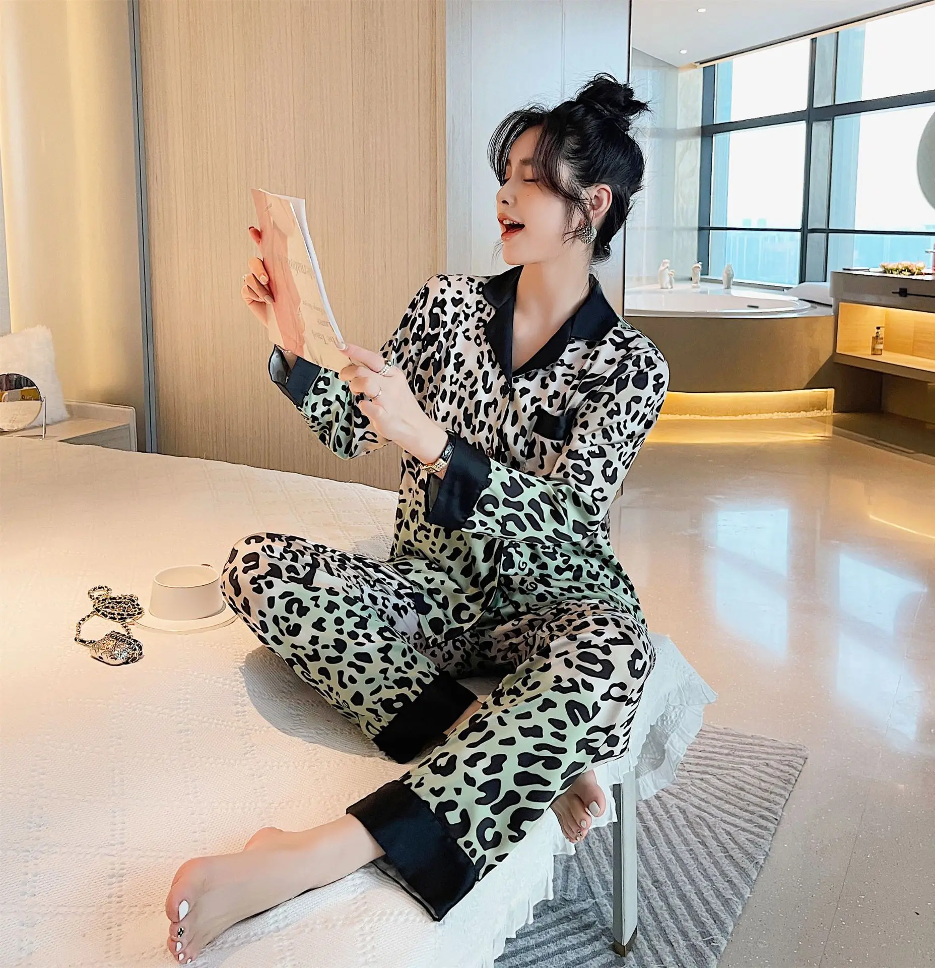 Satin Pyjamas Luxury Inspired Sexy Women 2022 New Arrivals Wholesale Home Wear Leopard Print Pajamas