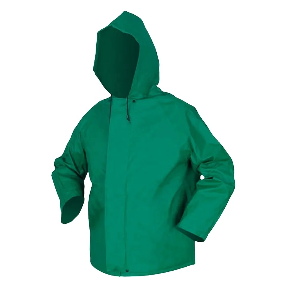 Green water proof oil chemical resistant one piece long pvc polyester raincoat prices