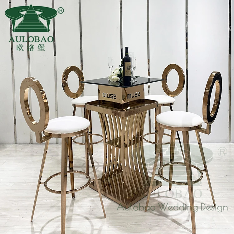 Party rental rose gold stainless steel round high back leather bar stool