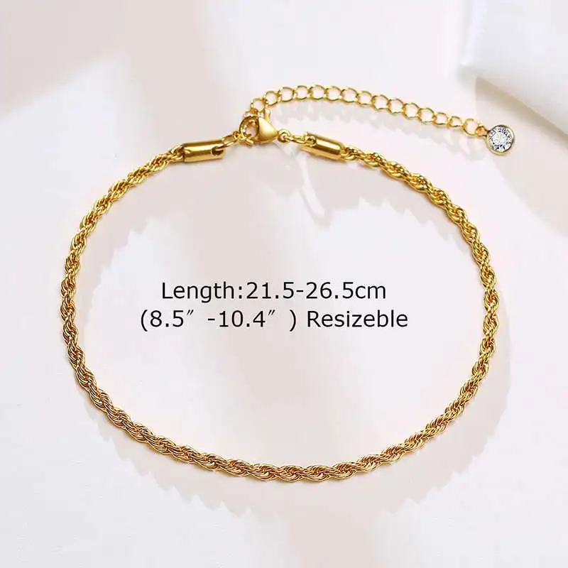 Fenny Jewelry 18K PVD Gold Plated Waterproof&Tarnish Free Classic Chunky Rope Chain Zirconia Stainless Steel Anklet for Women