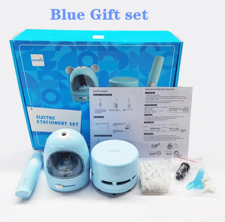 Tenwin 8087 Electric Stationery set children gift box set Pencil Sharpener Desktop vacuum cleaner Eraser blue