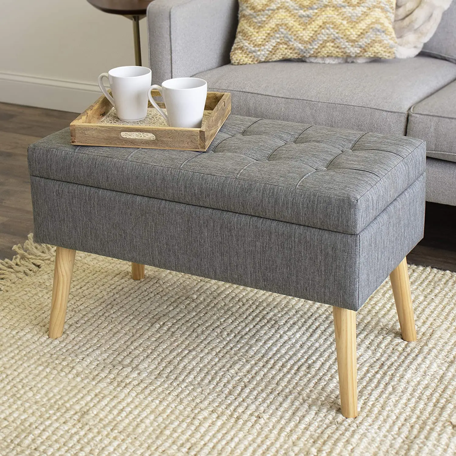 Home Living Room Furniture Custom Designer Grey Fabric Bench Storage Stool Ottoman Long Storage Bench