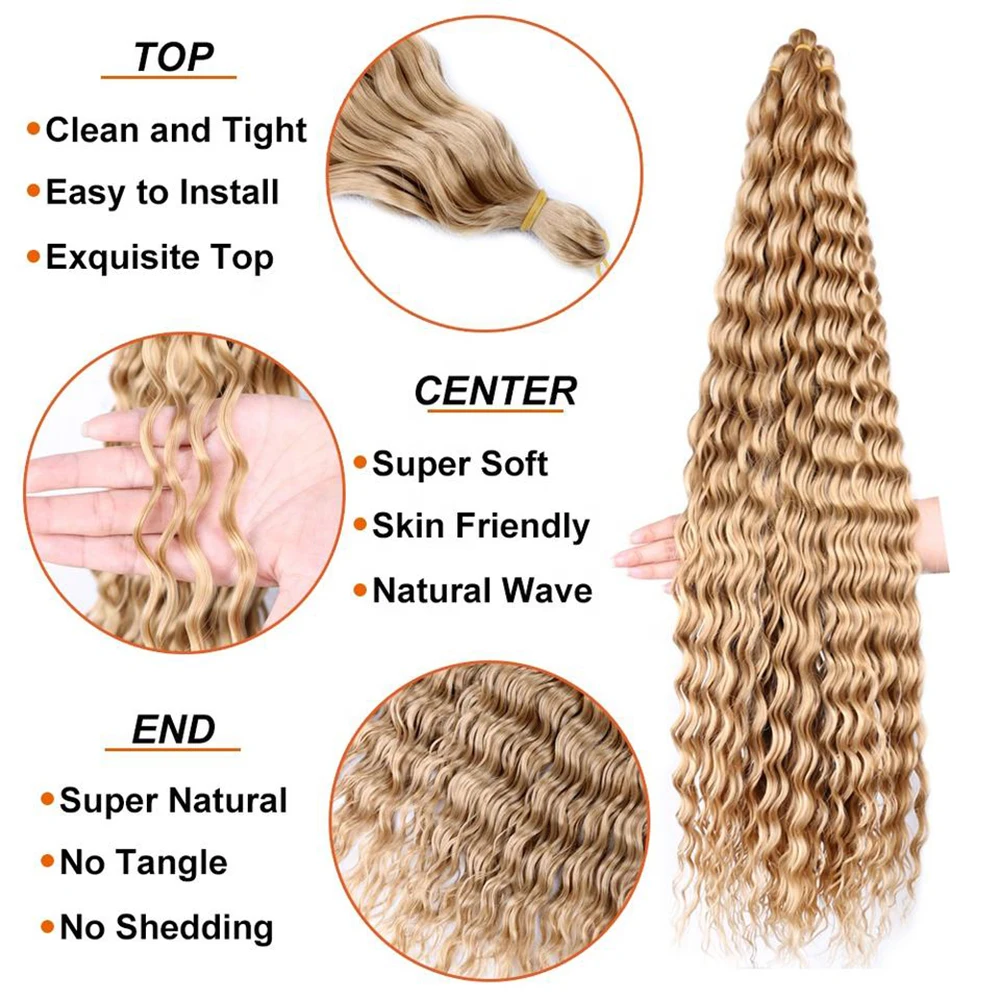 Deep Wave Braiding Hair Pre Stretched Synthetic 30 Inch Ocean Wave Crochet Hair For Women