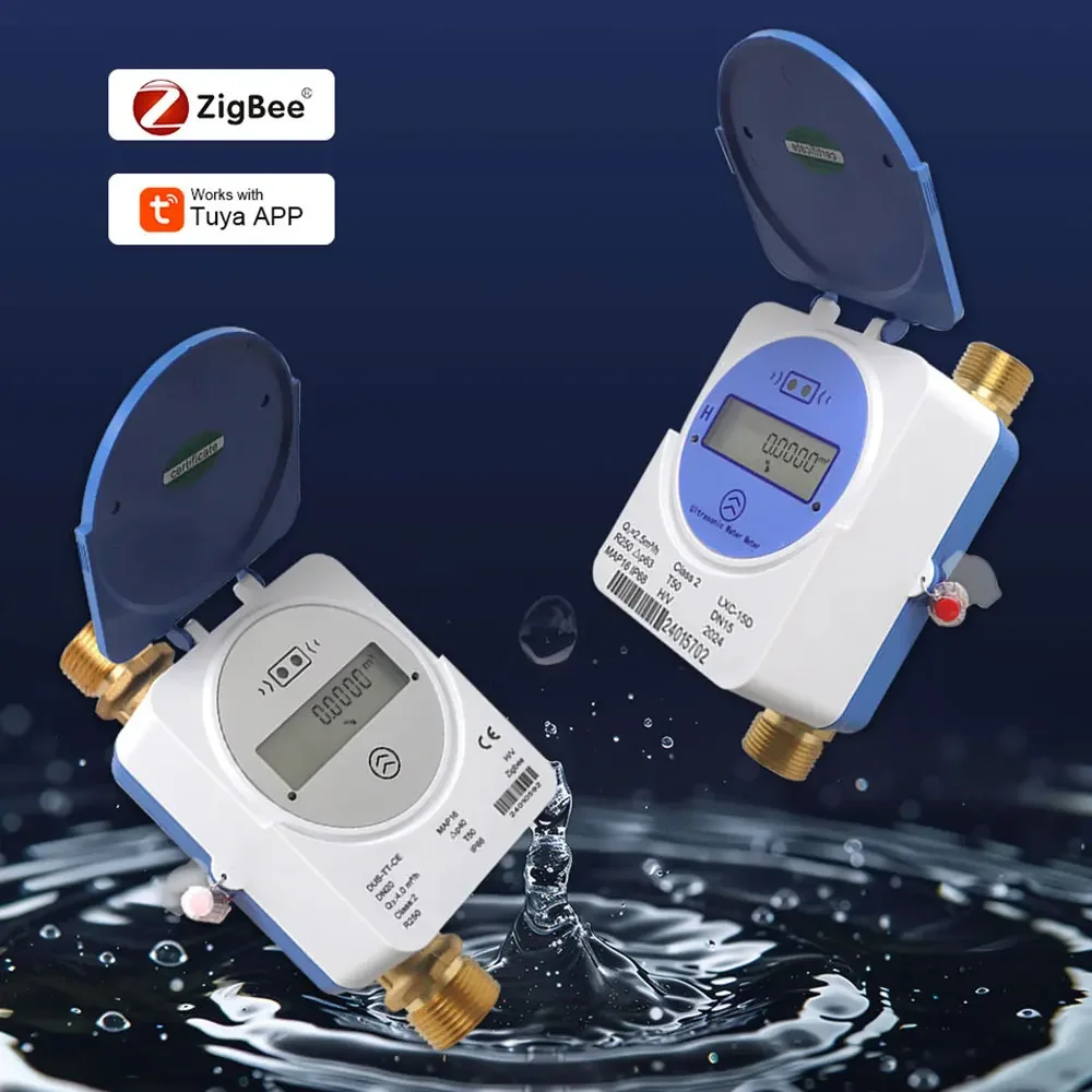 Tuya Smart Zigbee Ultrasonic Water Meter LCD Digital Display Water Quantity Flow Consumption Measurement IP68 Smart Life App