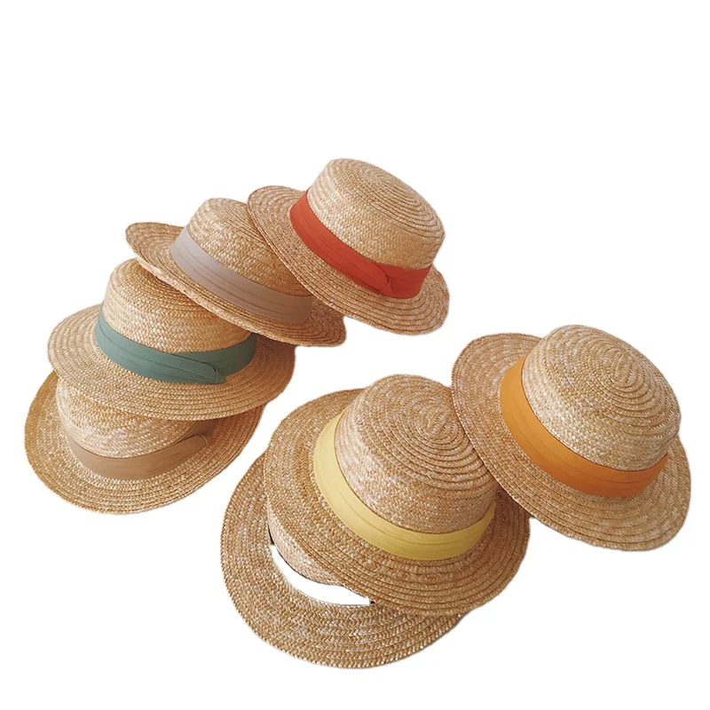 Summer kids wide brim sun hat fashion custom colorful ribbon children natural wheat straw hat beach