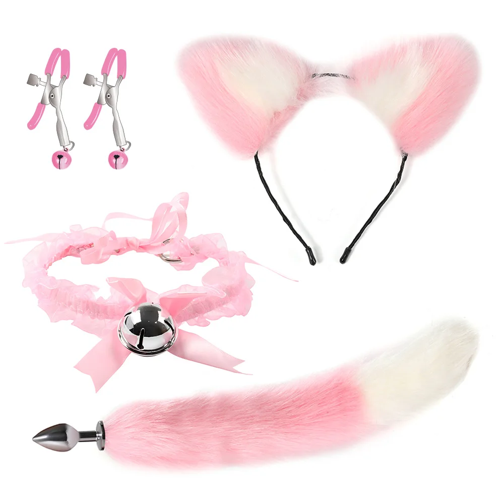 4pcs SM Cute Fox Tail Anal Plug Cat Ears Hair Hoop Bell Collar Nipple Clamp Roleplay Bondage Catwoman Set
