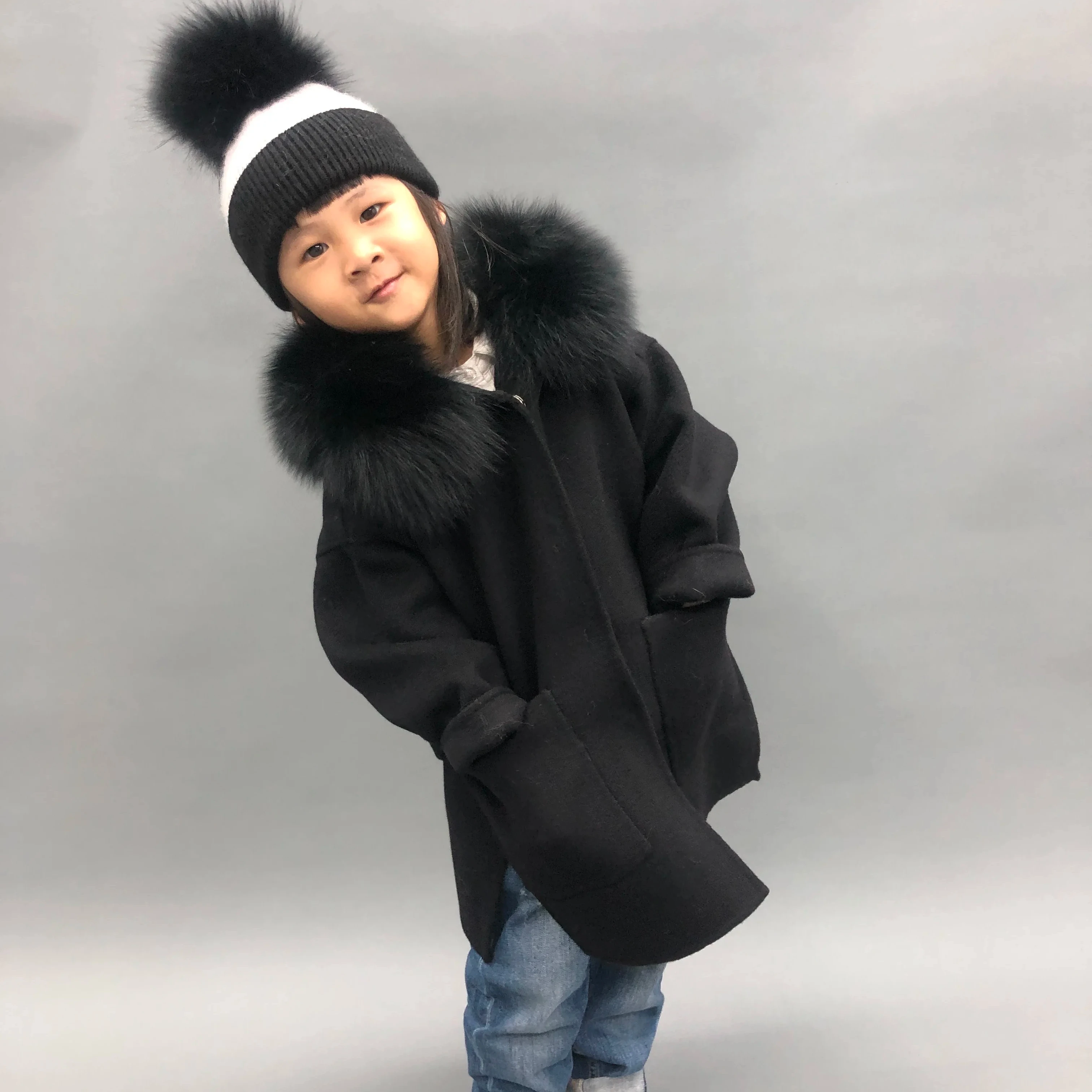 Janefur New Arrival Wool Overcoat For Kids Trench Coat Real Fox Fur Cuffs Girls Winter Cashmere Wool Kids Jacket