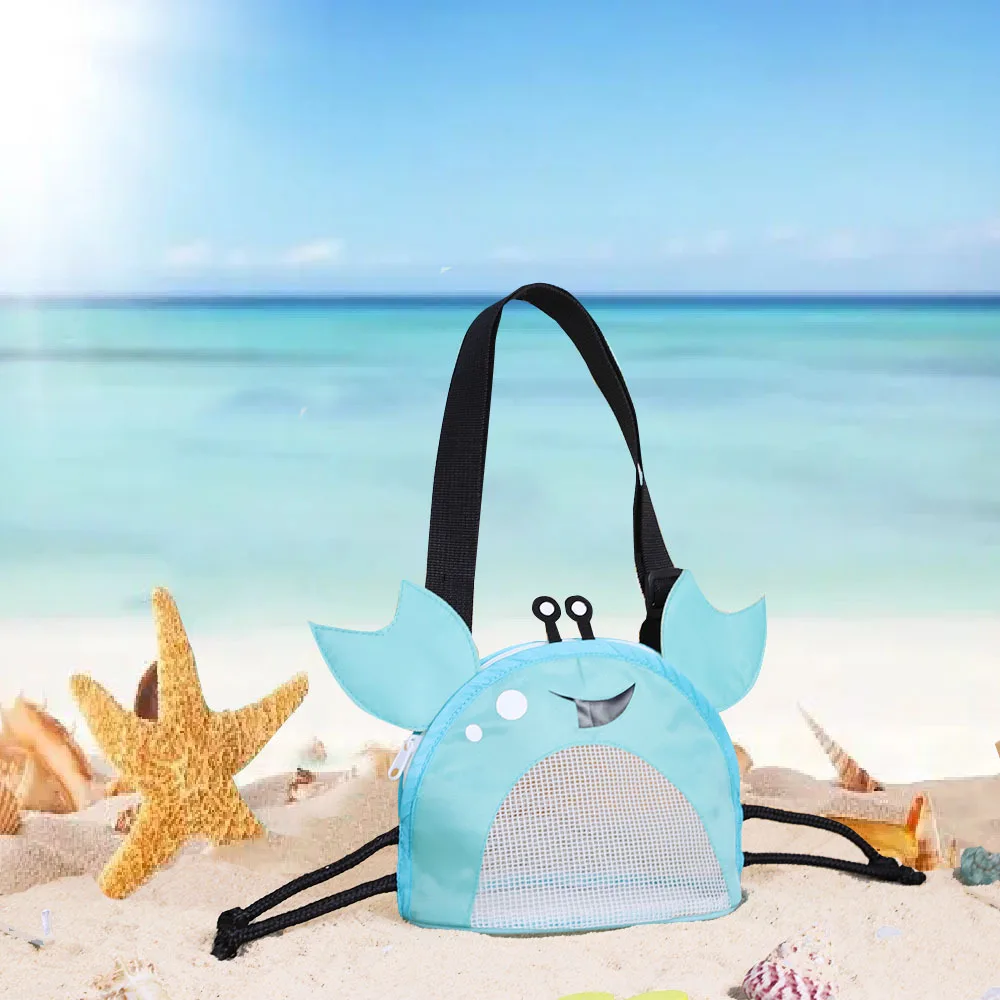 Mesh Beach Bag for Kids Shell & Pebble Collection Bag with Zipper Cute Crab Seashell Beach Play Storage Bag