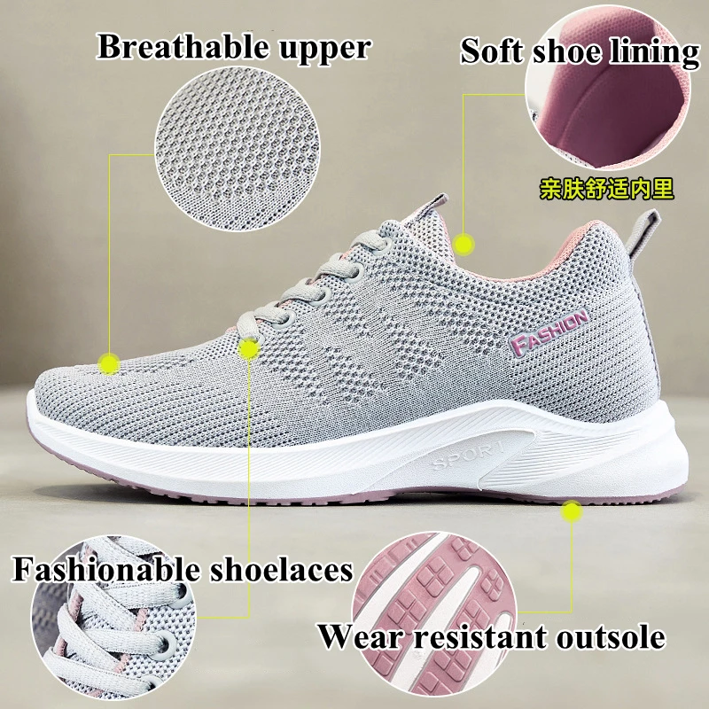 Custom OEM    Lightweight Casual Sneakers Flat Fashion Trend Breathable Soft Sole Ladies Sports Running Shoes