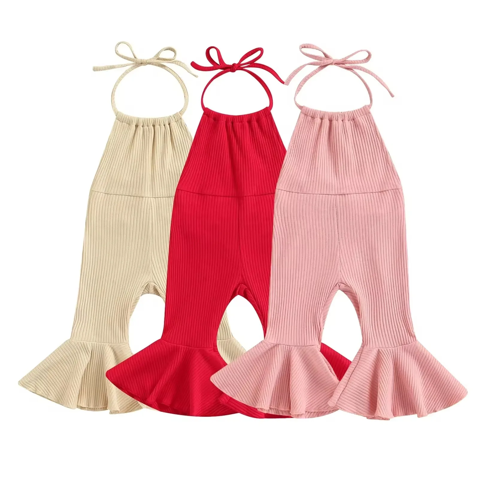 Summer Lovely Baby Girls Jumpsuits Pants Solid Ribbed Halter Jumpsuit Trousers for Toddler Girls Backless Flare Pants