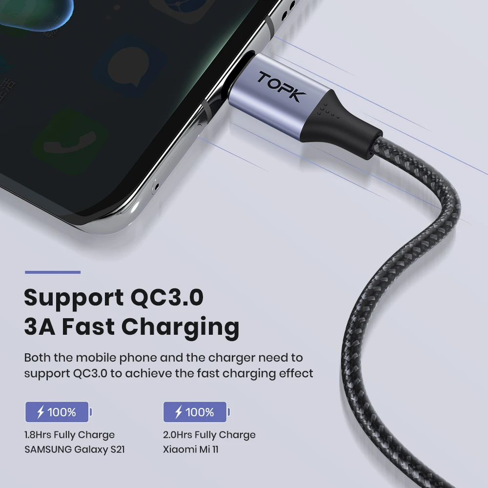  TOPK AN10 1M USB быстрая зарядка Type C 3A быстрое зарядное устройство для телефона зарядный кабель передачи