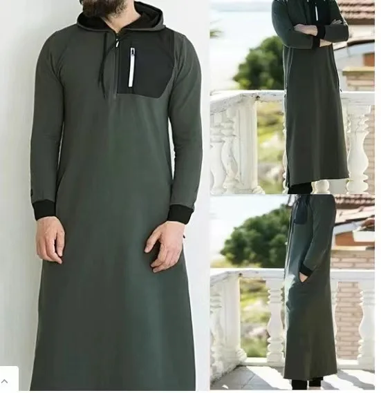 2024 Plus Size Winter Thobe Men Muslim Hoodie fabric Long Sleeve Moroccan Arabic Dubai Islamic Men Thobe Abaya For ramadan