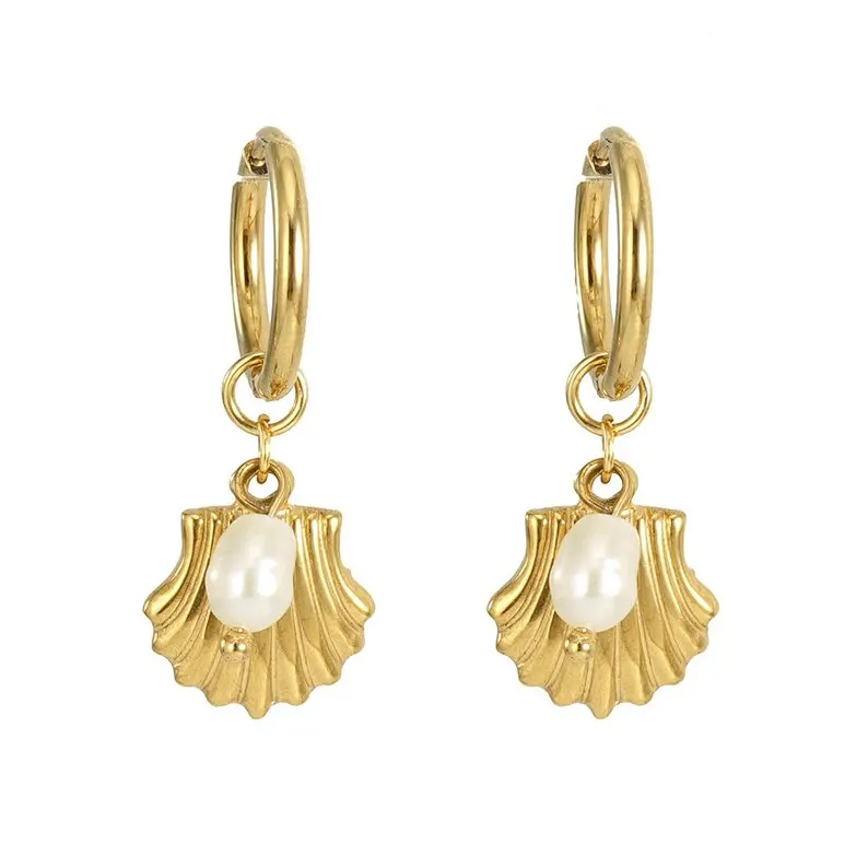 Новый дизайн Ракушки Серьги элегантный натуральный жемчуг кулон 18K позолоченные серьги из нержавеющей стали