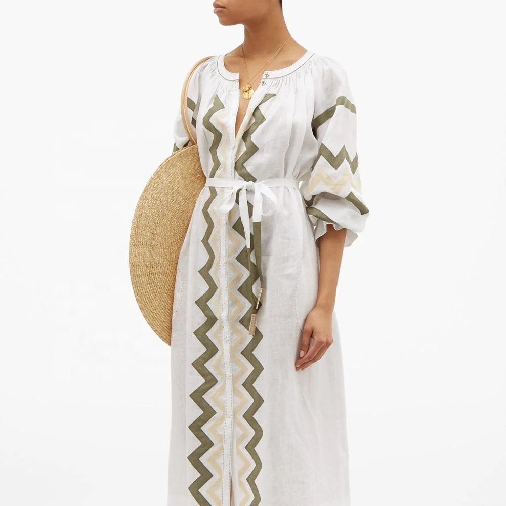 Hot Sales Summer Bohemian Style  Embroidered Empire Linen Dress With 50% Cotton Fabric