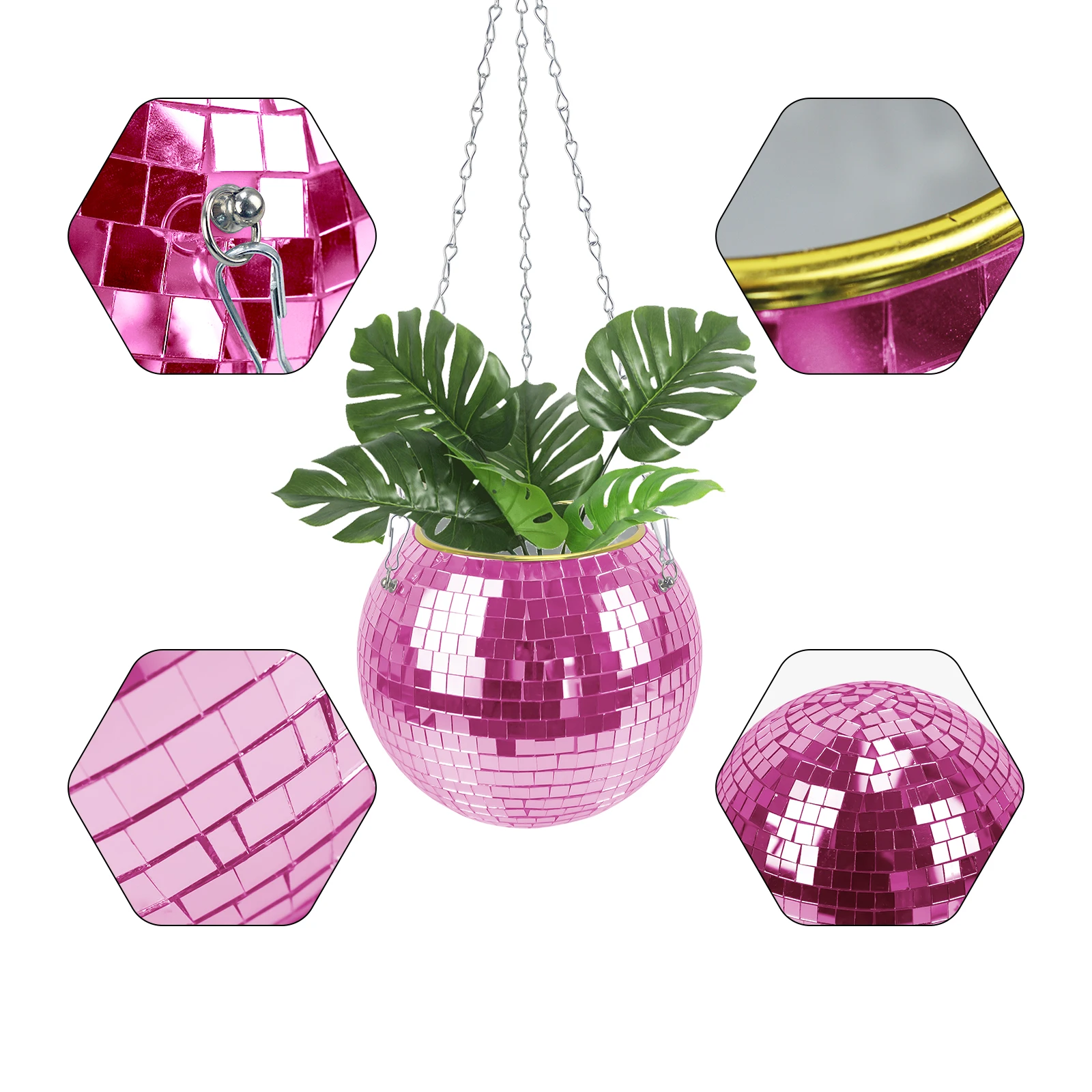 Pink Hanging Disco Ball Planter Pot Holder With Hook for indoor and outdoor