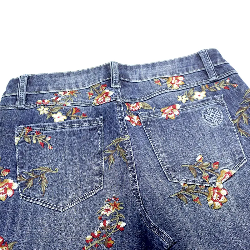 Western Fashion High Waist Sky Blue Embroidered Cow Straight Leg Denim Jeans Women trousers jeans denim