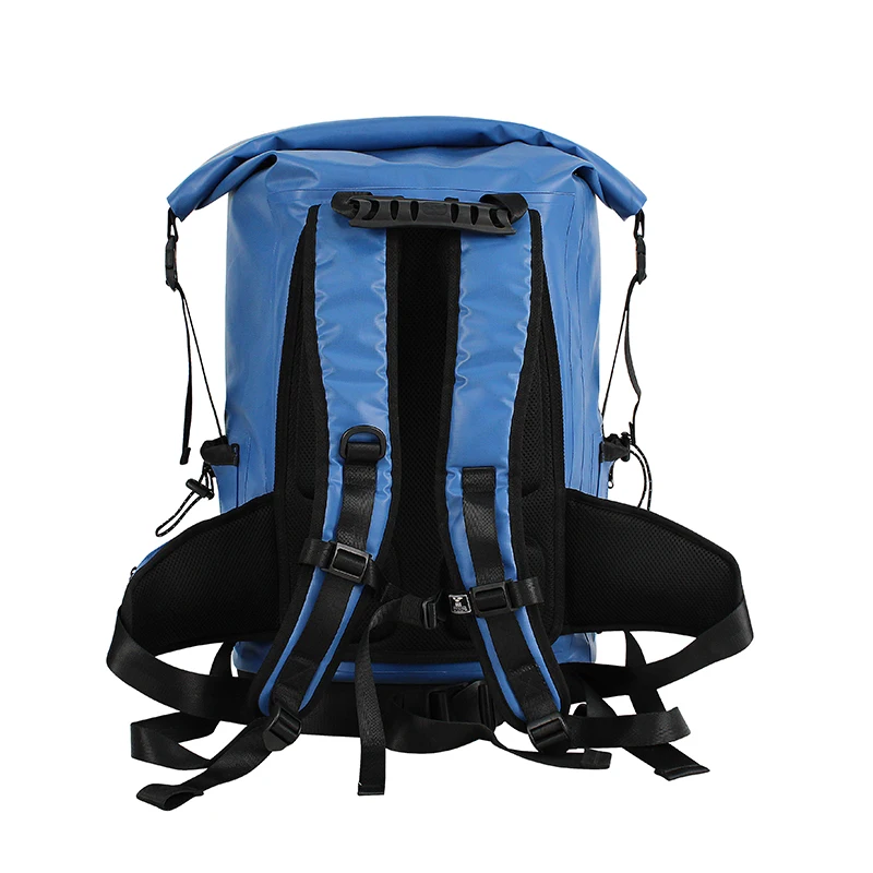 roll top closure blue waterproof tpu backpack hiking moutain dry bag backpack heavy duty with padded shoulder straps back