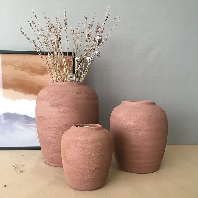 Wholesale Clay Vases Ceramic Chinese Small Home Decor Vase Set for Living Room Simple Handmade Rustic Custom Flower Vase