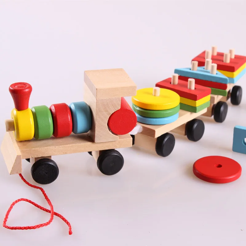 Kids Christmas gift digital, color and shape cognitive wooden digital train geometrical shape stacking block train toy