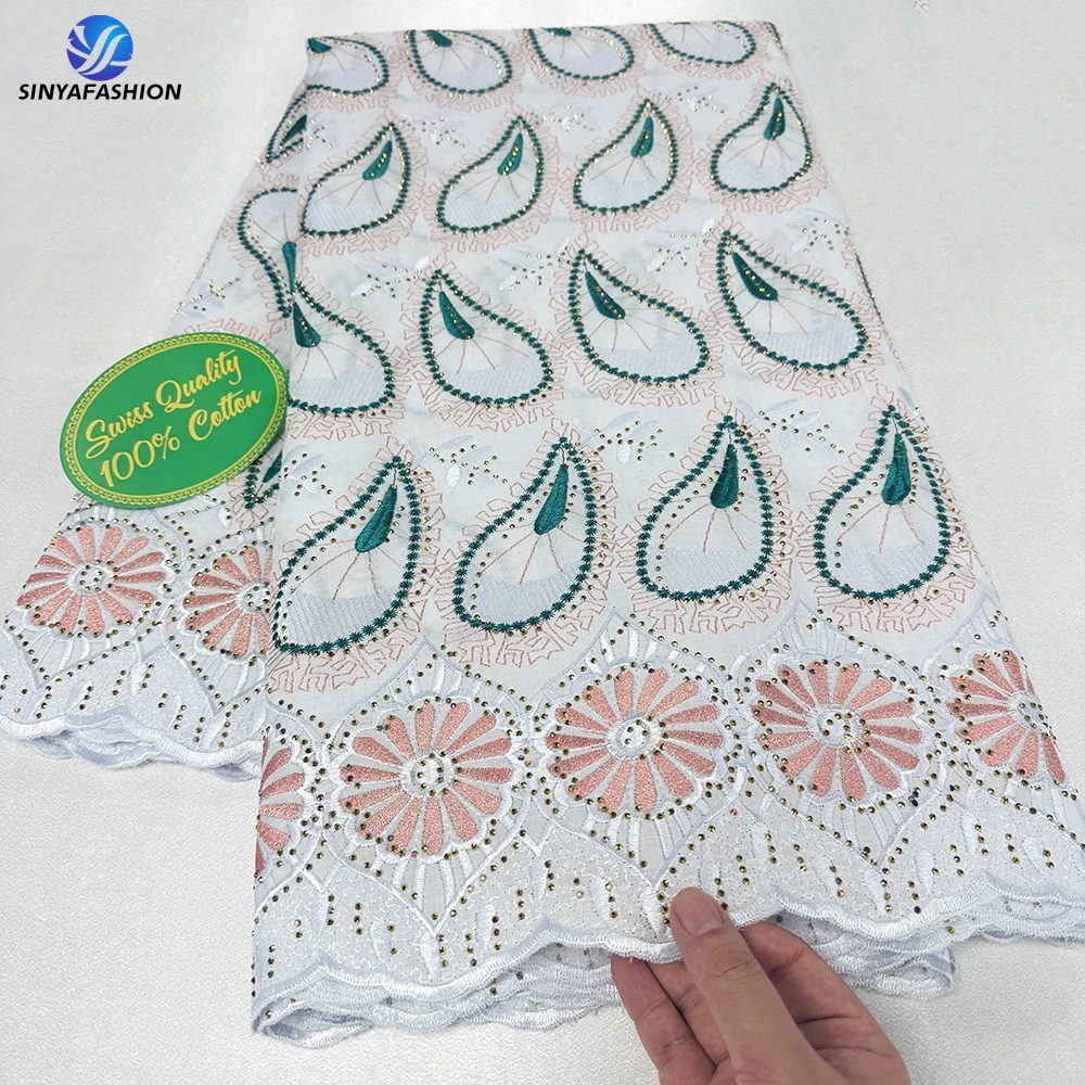Sinya Embroidery African 100% Cotton Laser Cut Dry Lace Fabric With Stones 5 Yards High Quality Swiss Voile Lace In Switzerland