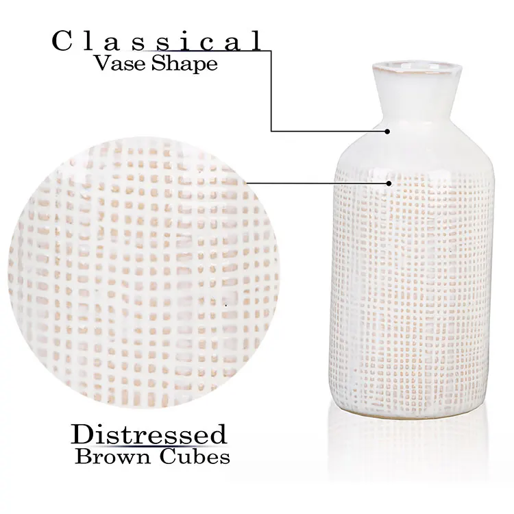EAGLEGIFTS Rustic Square Pattern Courtly Checkered White Flower Ceramic Vases Custom Long Cylinder Wedding Pedestal Checker Vase