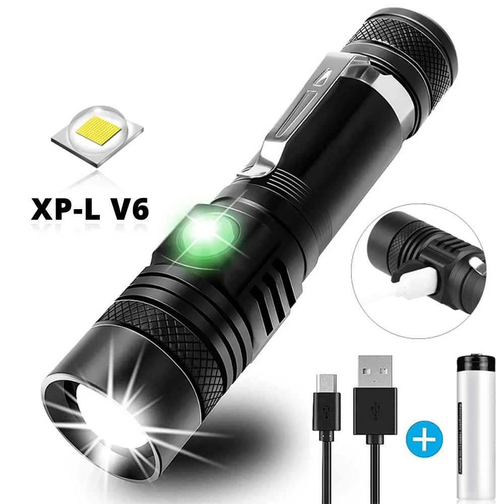 Zoomable 4 Lighting Modes Multi-function USB Charging Waterproof Torch Ultra Bright LED Flashlight with XP-L V6 LED Lamp Beads