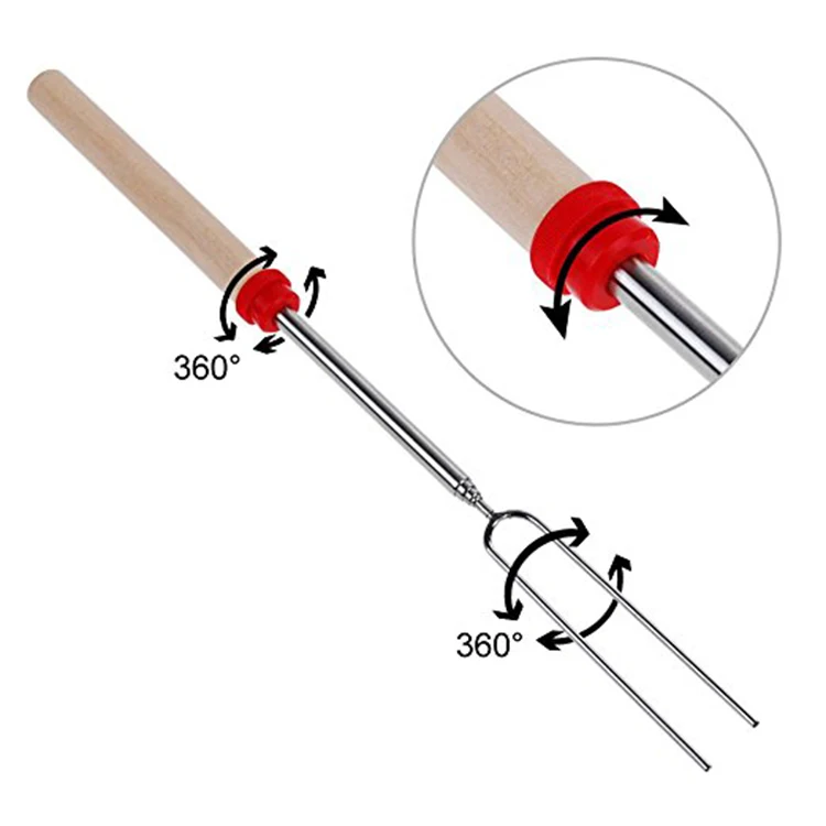 Amazon Hot Selling 8 Color Wood Handle  BBQ skewers Stainless Steel BBQ Stick Telescoping  Roasting Sticks