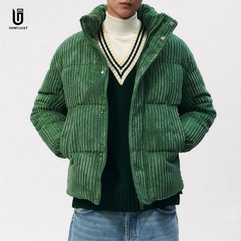 Customized Logo Oversized Jacket Casual Thick Corduroy Warm Heavy Weight  Down Coat Winter Men Quilted Puffer Jackets