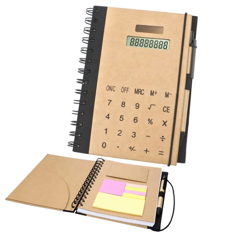 Kraft spiral notebook with solar energy calculator and pen set customized coil notebooks for office and promotion