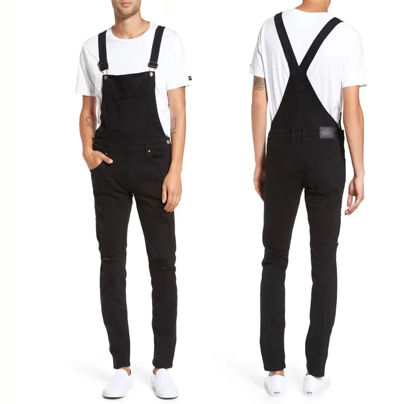 Men Black Overalls Denim European Utility Fashion Stretch Dungarees For Men Slim Ripped Bib Working Denim Overalls For Men
