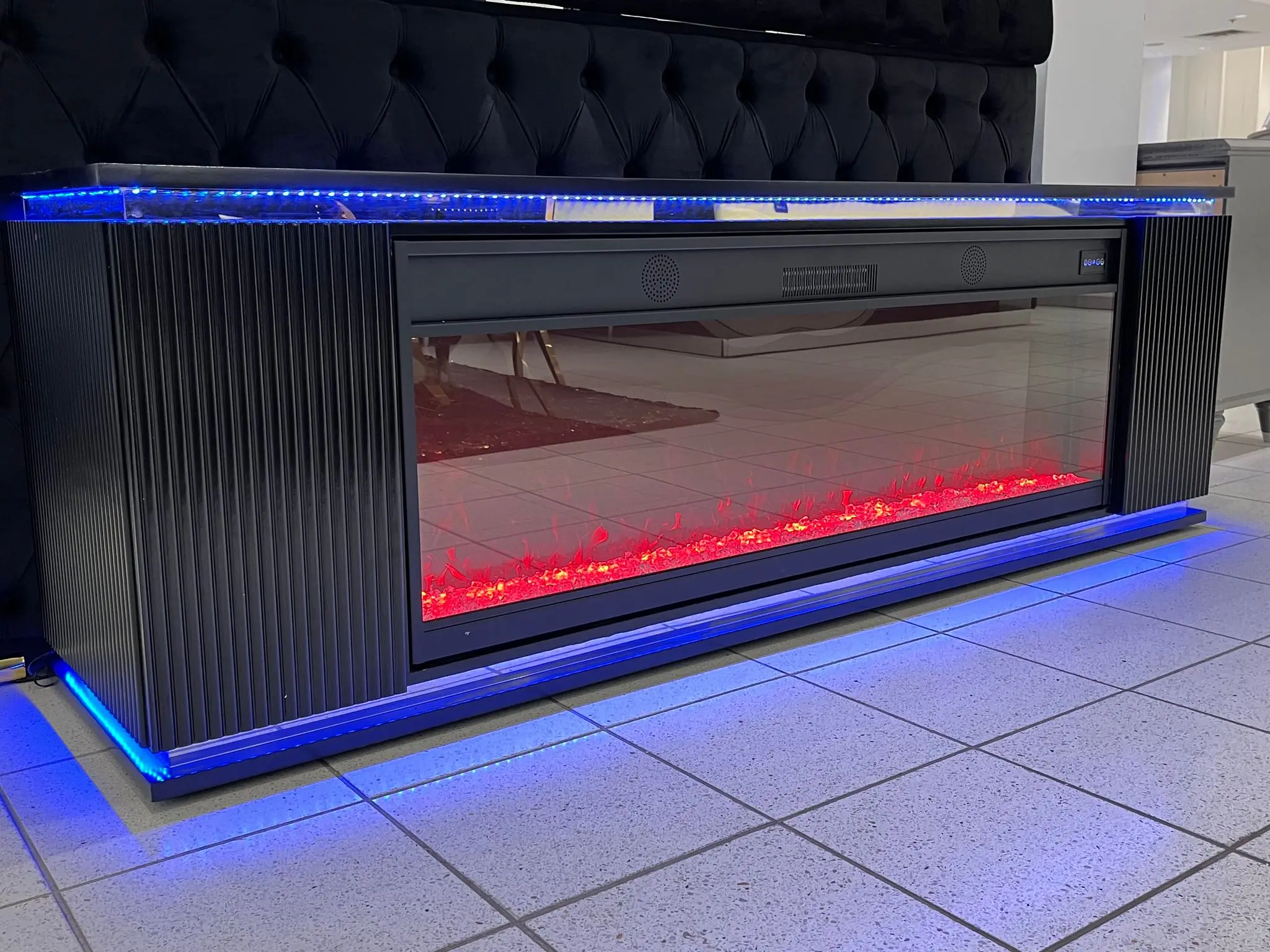 Modern US style white mirrored TV stand with electric fireplace heater Bluetooth speakers mirrored TV stand