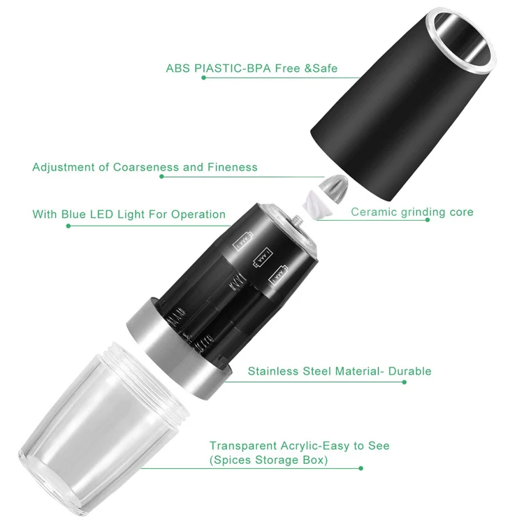Gravity Electric Salt and Pepper Grinders Set Automatic Adjustable Pepper and Salt Mill  Battery Powered with LED Light