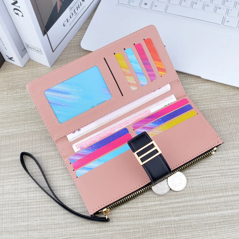 Fashionable Long Women Wallet Multi Card Bag Zipper Snap Button Wallet Contrast Soft Leather Wallet Handheld