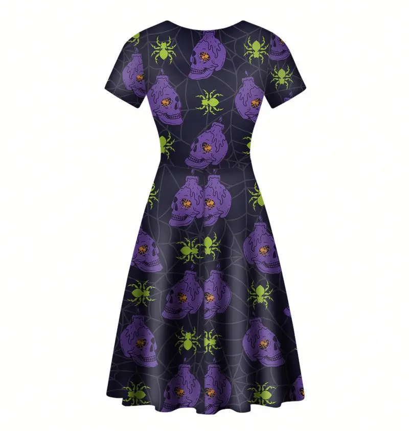 Black and White Witch Skull Print Halloween Dresses Women Lady Elegant Sexy Casual Evening V-neck Short Sleeve A-line Midi Dress