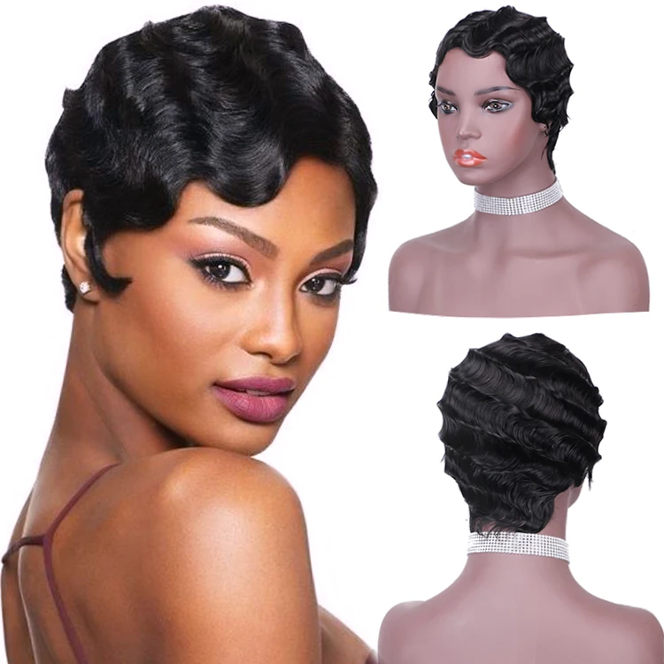 Forcuteu Wholesale Perruque Black Woman Raw Indian Brazilian Non Lace Cuticle Aligned Virgin Short Finger Wave Human Hair Wig