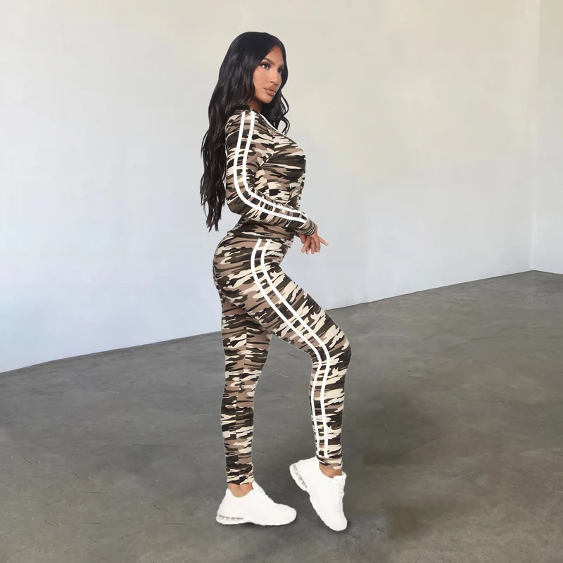 Women Autumn Winter Coat Pants Suit Zipper Design Clothing Camouflage Printed Two Piece Set